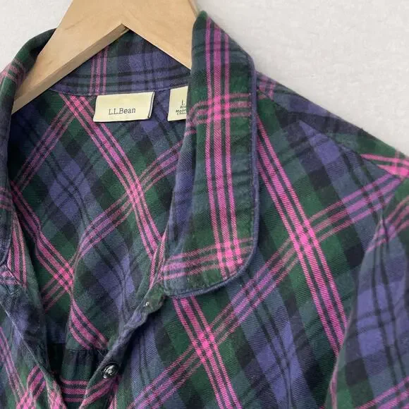 LL BEAN Nightgown Womens L Flannel Plaid Long Sleeve Sleepwear PJs Cotton Purple - Picture 5 of 14